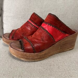 A.S.98 Nelson Red Leather Wedge Platform Sandals Slides Mules Patchwork EUC